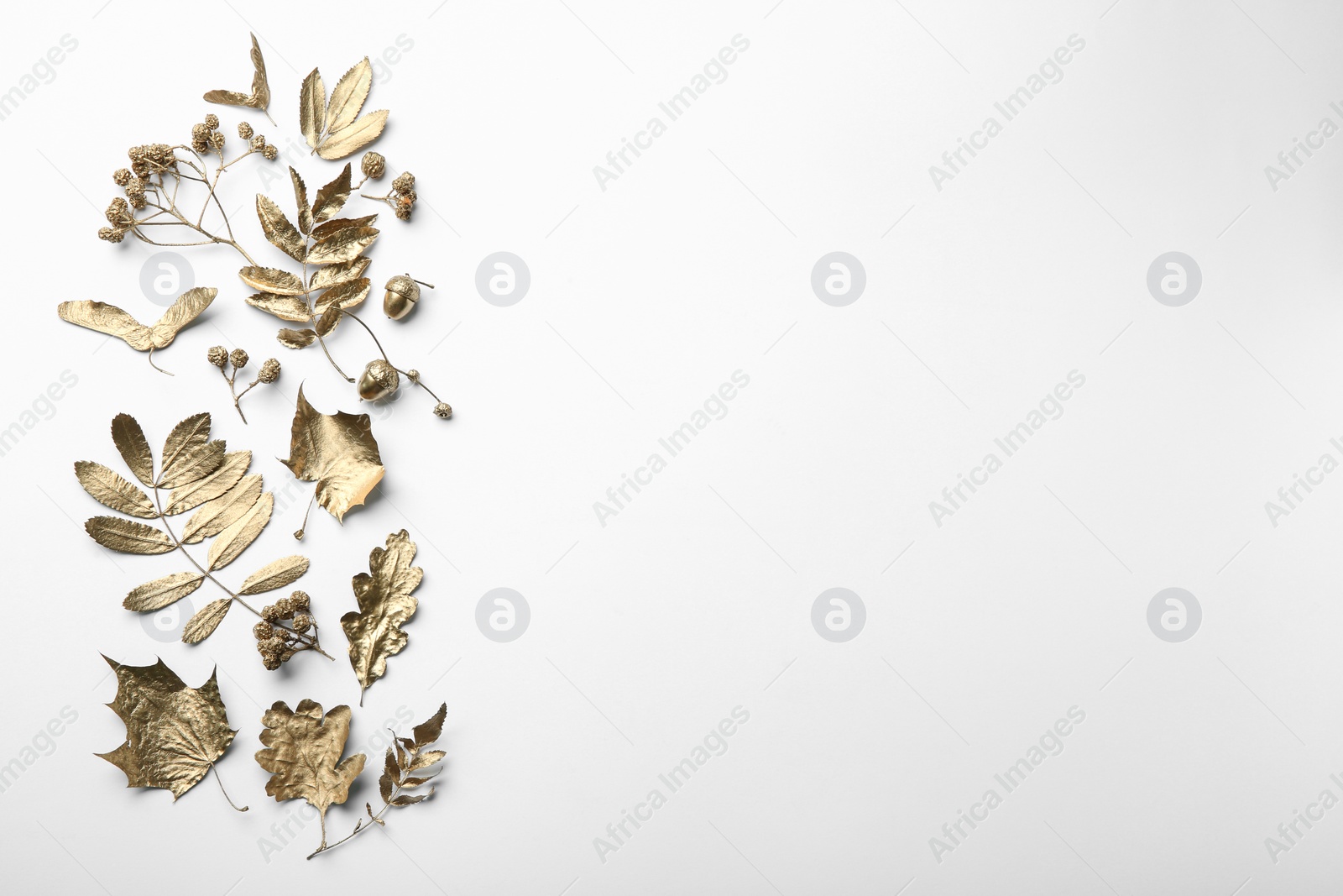 Photo of Beautiful golden leaves, berries and acorns on white background, flat lay with space for text. Autumn decor