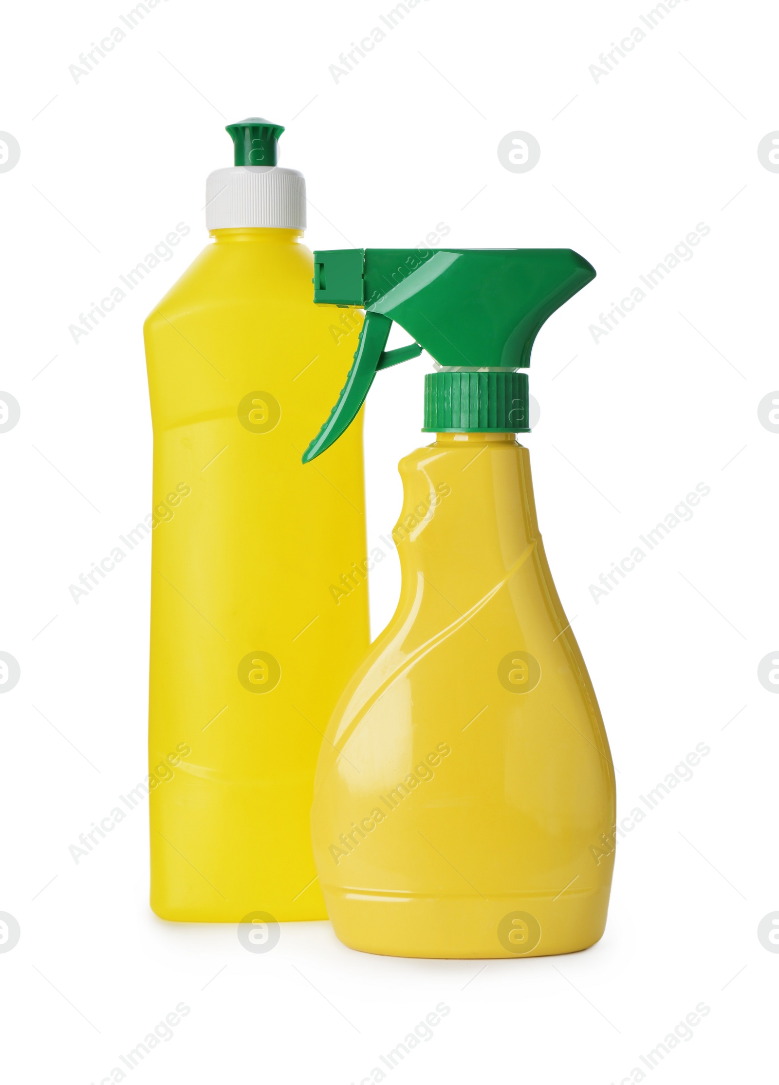 Photo of Bottles of different cleaning supplies on white background