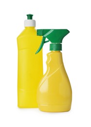 Photo of Bottles of different cleaning supplies on white background