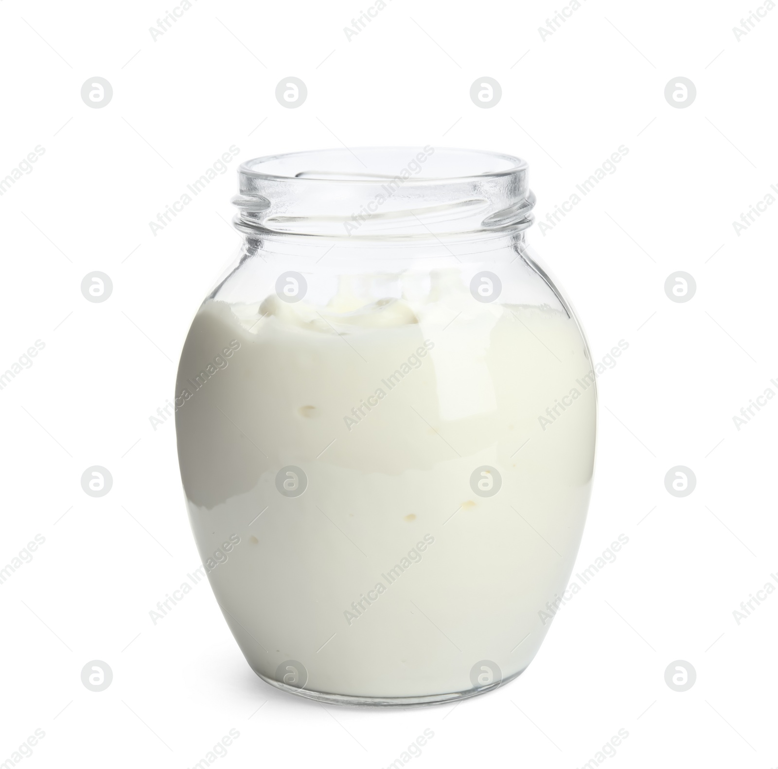 Photo of Tasty organic yogurt in glass jar isolated on white