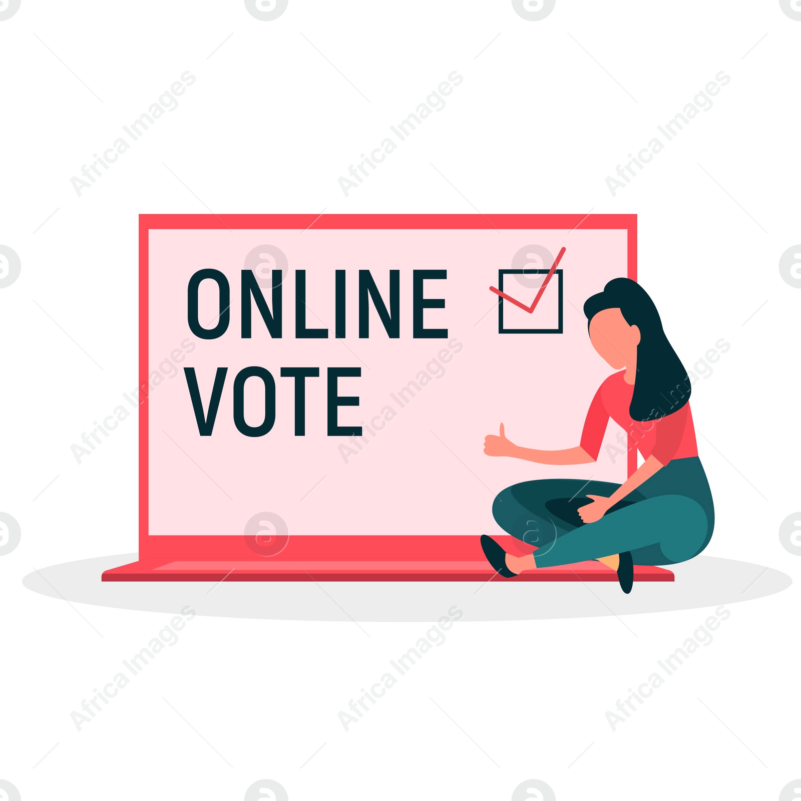 Illustration of  woman and laptop on white background. Online voting concept