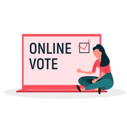 Illustration of  woman and laptop on white background. Online voting concept