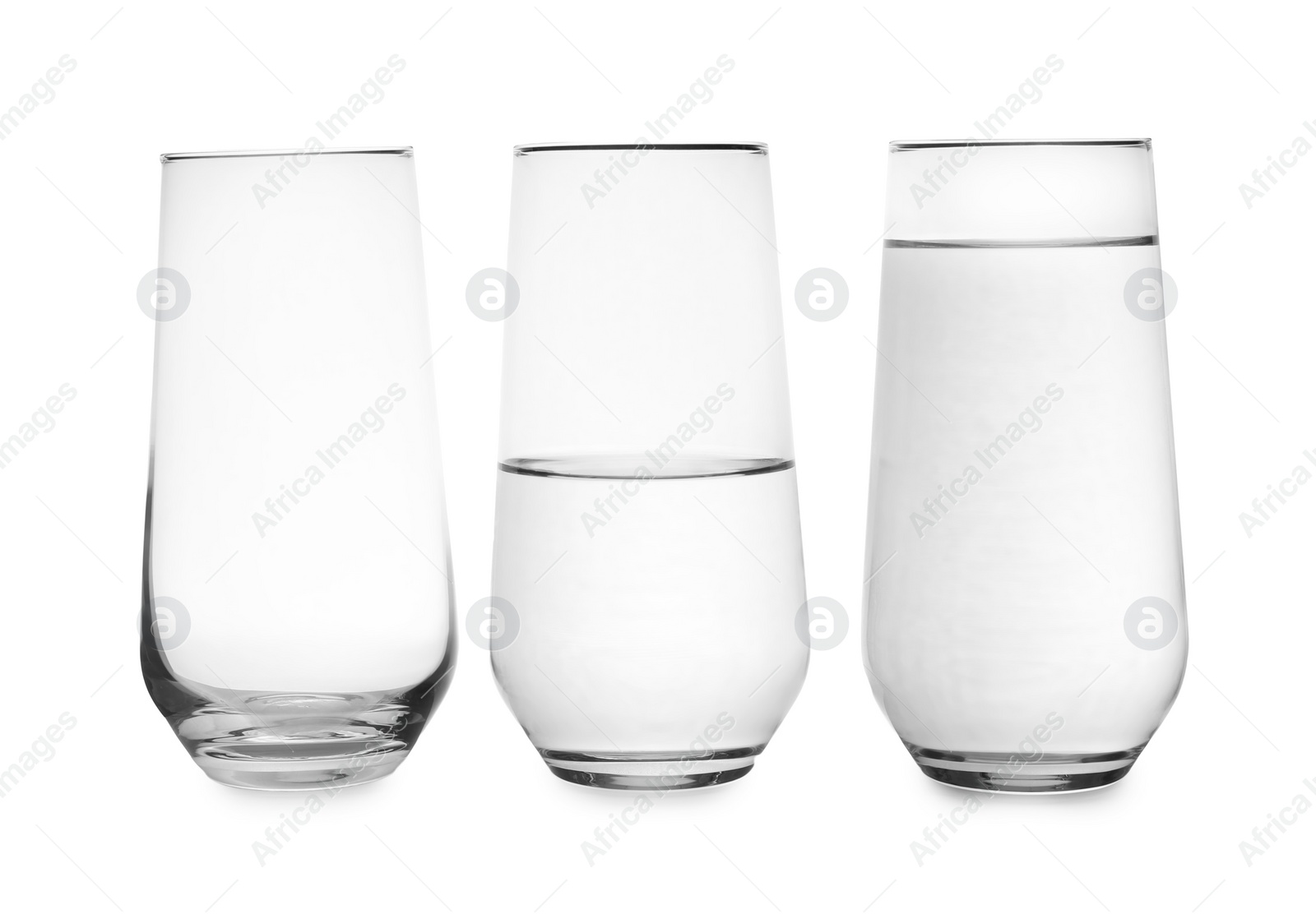 Photo of Empty, half and full glasses of water on white background