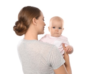 Photo of Young mother with her baby isolated on white