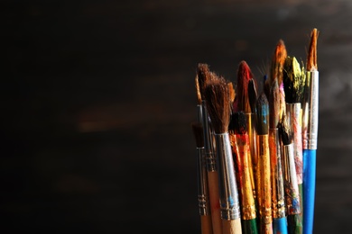 Photo of Different paint brushes on dark background, closeup. Space for text