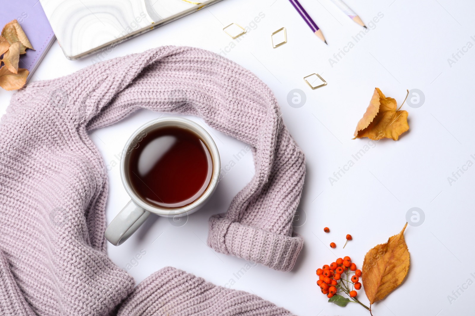 Photo of Composition with cup of hot drink on white background, top view. Cozy autumn atmosphere