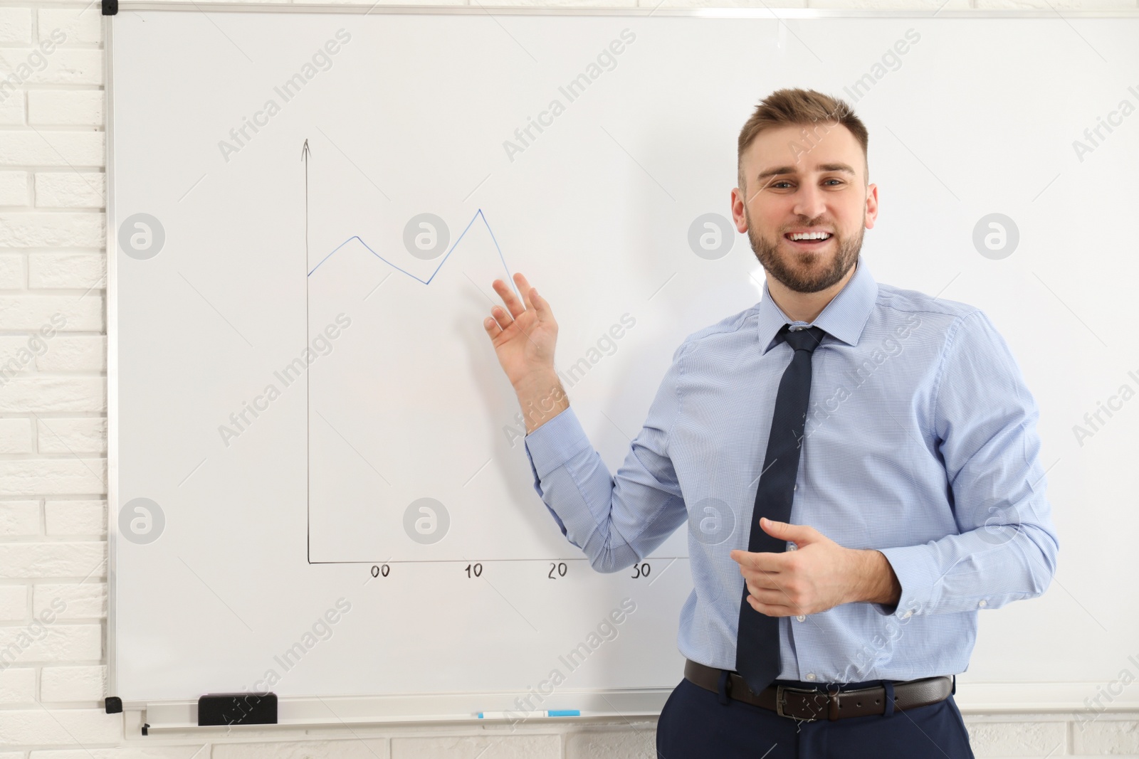 Photo of Professional business trainer near whiteboard in office