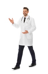 Photo of Full length portrait of male doctor isolated on white. Medical staff