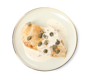 Delicious chicken fillet with capers and sauce isolated on white, top view