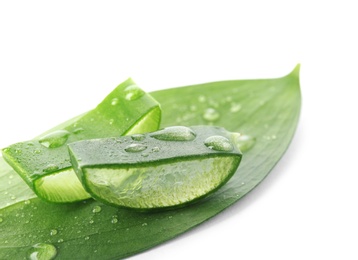 Photo of Fresh aloe vera slices on white background