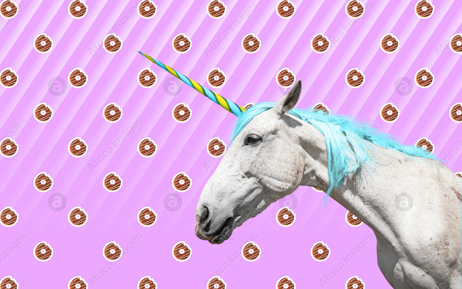 Image of Trendy art collage. Beautiful unicorn on color background