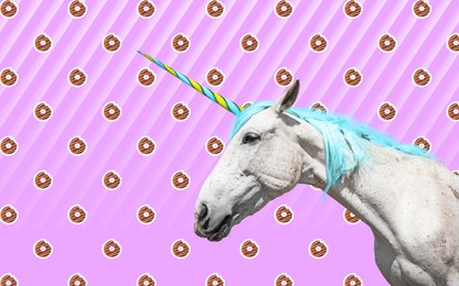 Trendy art collage. Beautiful unicorn on color background