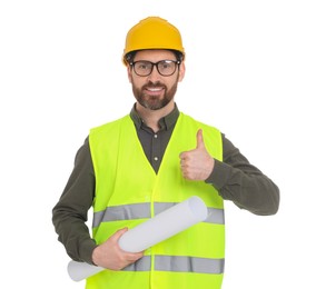 Photo of Architect in hard hat with draft showing thumbs up on white background