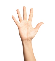 Photo of Woman showing number five on white background, closeup. Sign language