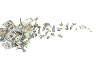 Image of Many American dollars on white background. Flying money