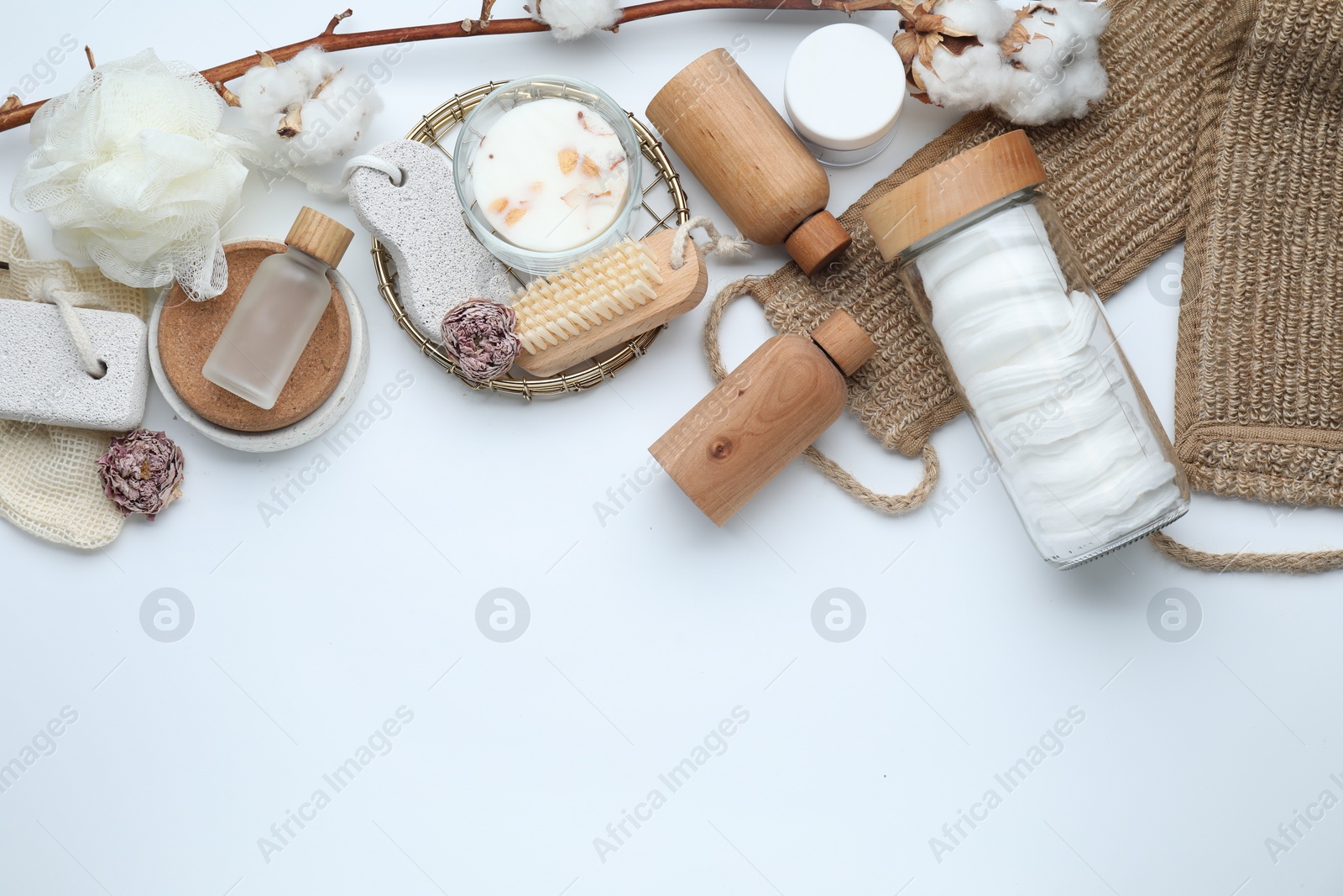 Photo of Bath accessories. Flat lay composition with personal care products on white background, space for text