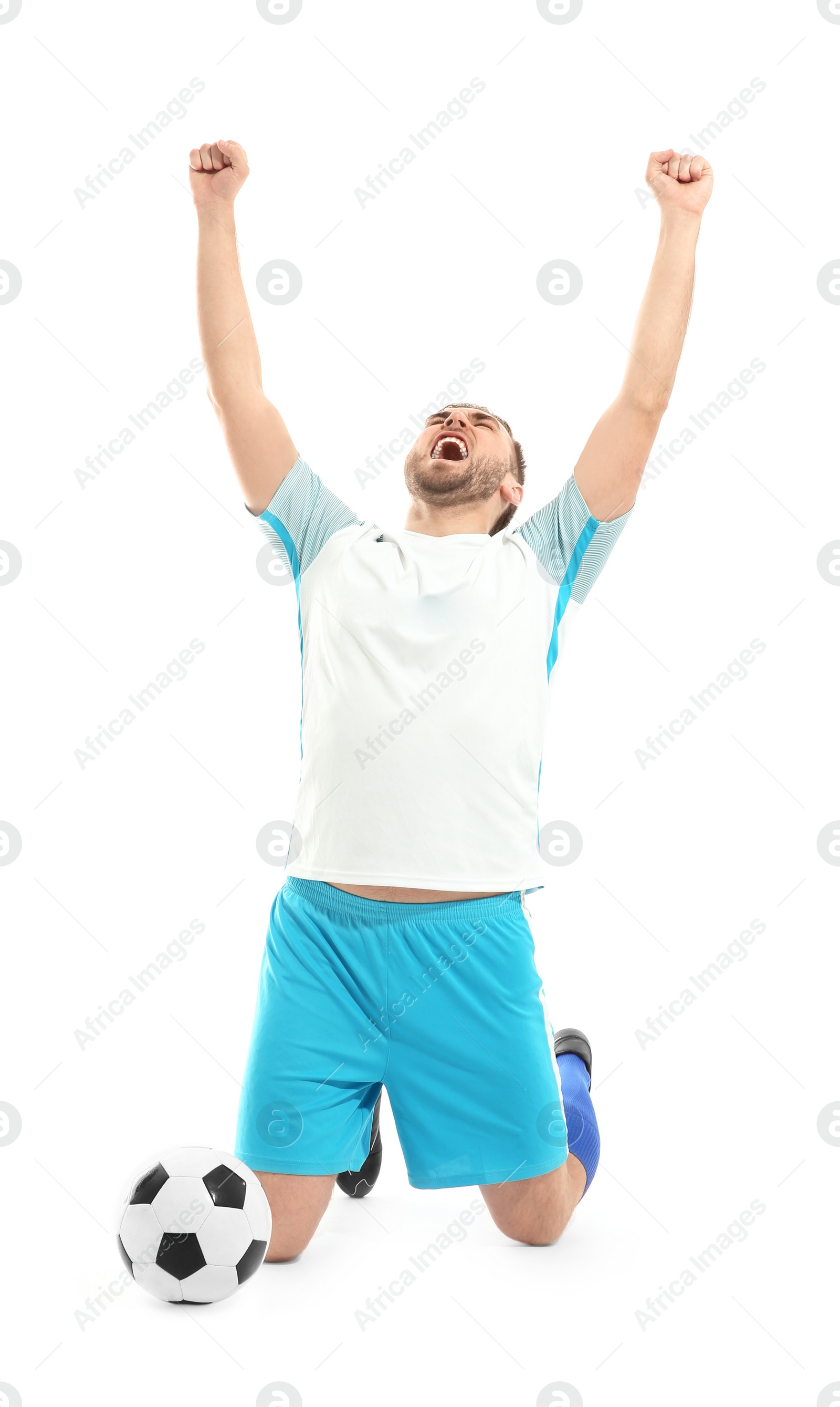 Photo of Young man playing football on white background