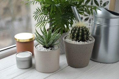 Photo of Beautiful Aloe, Cactus, Chamaedorea in pots with watering can and decor on white wooden windowsill, closeup. Different house plants