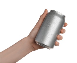Photo of Woman holding aluminum can on white background, closeup