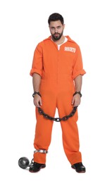 Photo of Prisoner in jumpsuit with chained hands and metal ball on white background