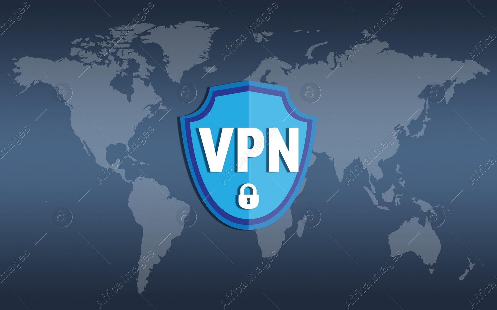 Illustration of Concept of secure network connection. Acronym VPN and world map on grey background, illustration
