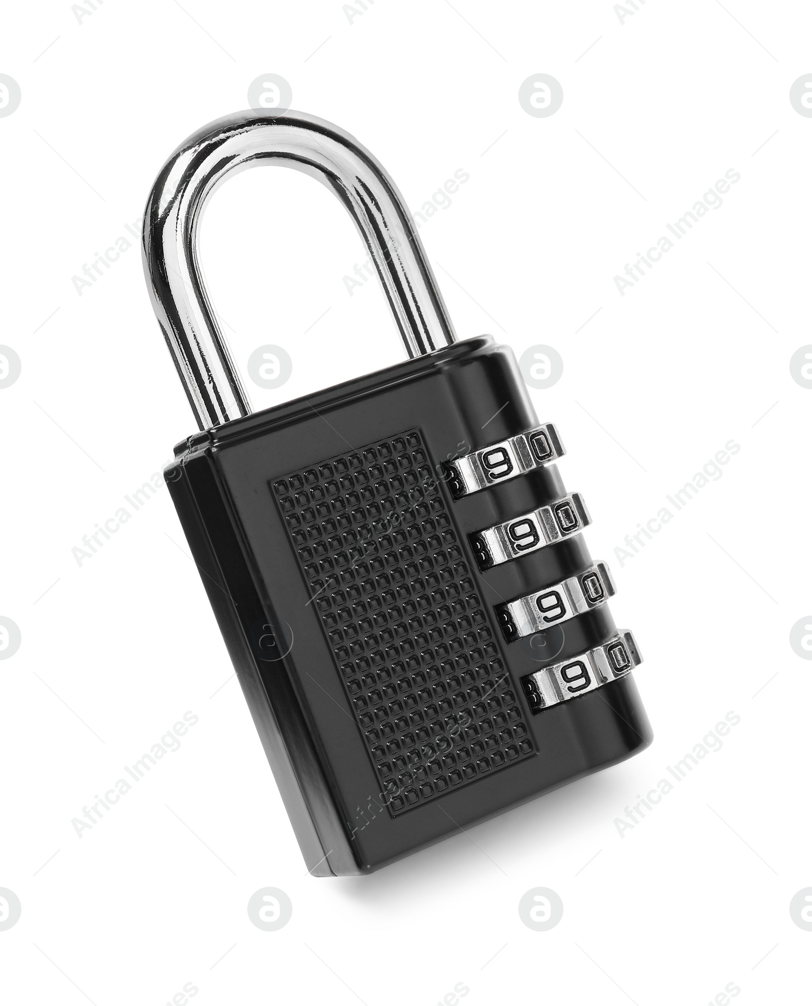 Photo of Locked steel combination padlock isolated on white