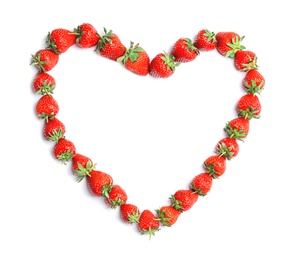 Heart shape made of ripe red strawberries on light background