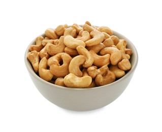 Photo of Bowl of tasty organic cashew nuts isolated on white