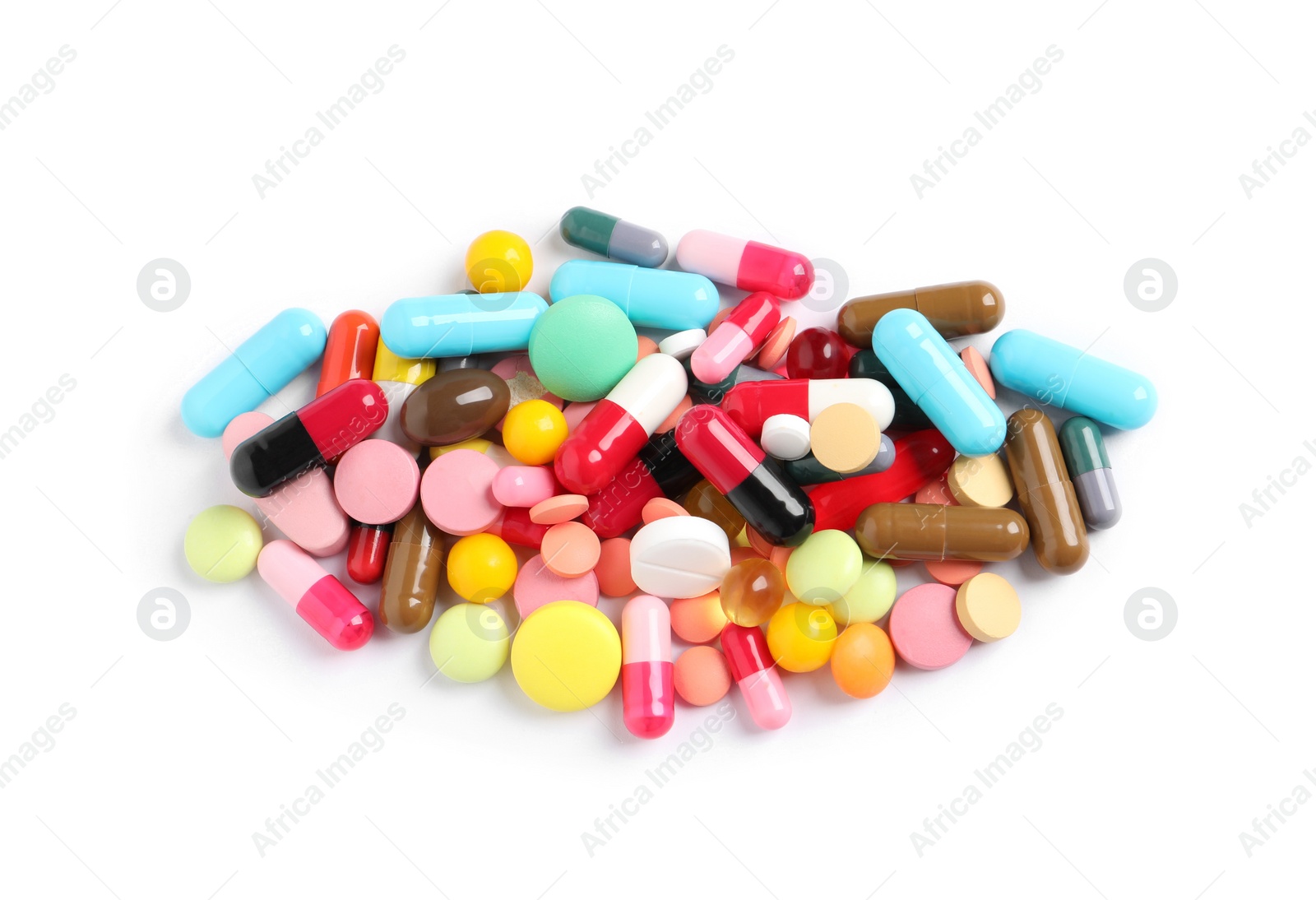 Photo of Heap of different colorful pills isolated on white, top view