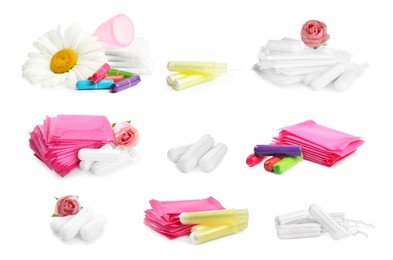 Image of Pads and tampons on white background, 