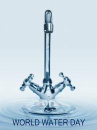 Image of World Water Day. Drop flowing from tap with splash on light background