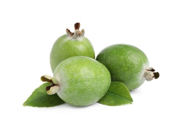 Fresh feijoa fruits with leaves on white background