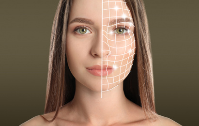 Image of Facial recognition system. Woman with digital biometric grid on dark background, closeup