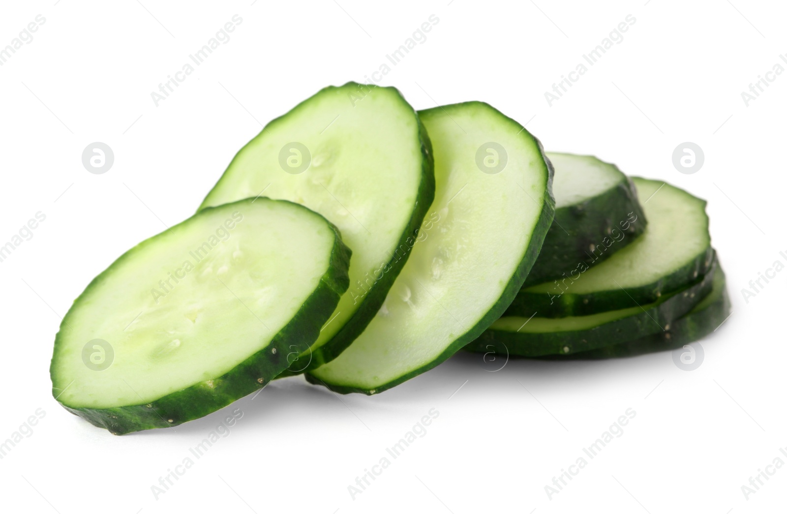 Photo of Slices of fresh cucumber on white background