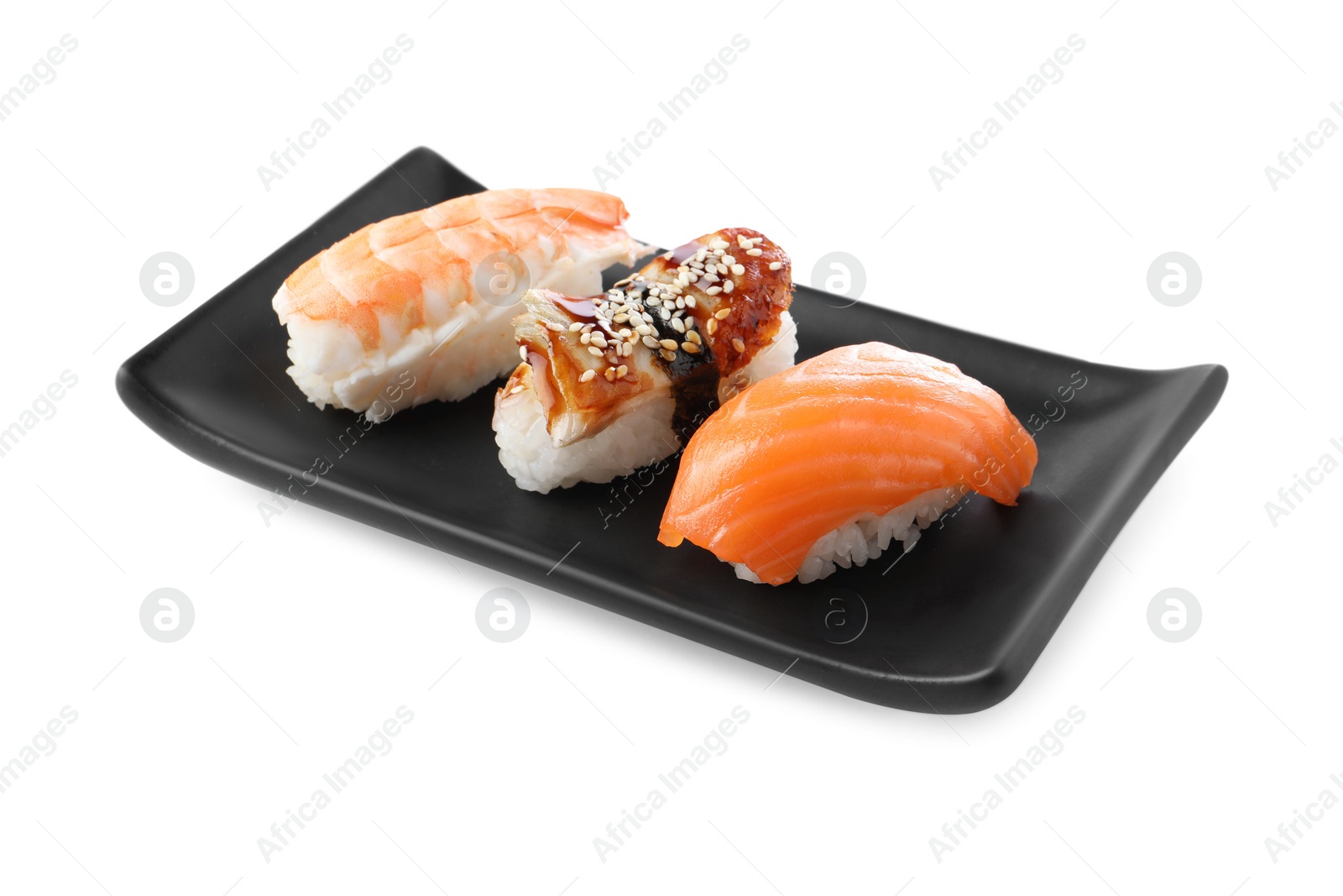 Photo of Plate with delicious nigiri sushi isolated on white