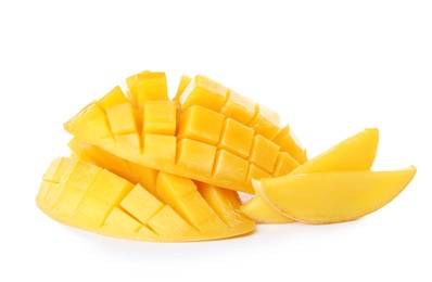 Fresh juicy mango on white background. Tropical fruit