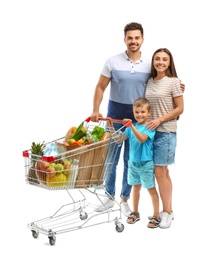 Photo of Happy family with full shopping cart on white background