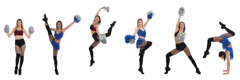 Image of Collage with photos of beautiful happy cheerleaders in uniforms on white background