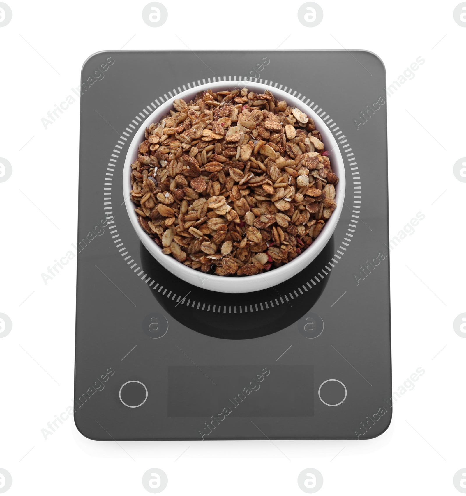 Photo of Modern kitchen scale with bowl of tasty granola isolated on white