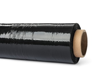 Photo of Roll of black stretch wrap isolated on white, closeup