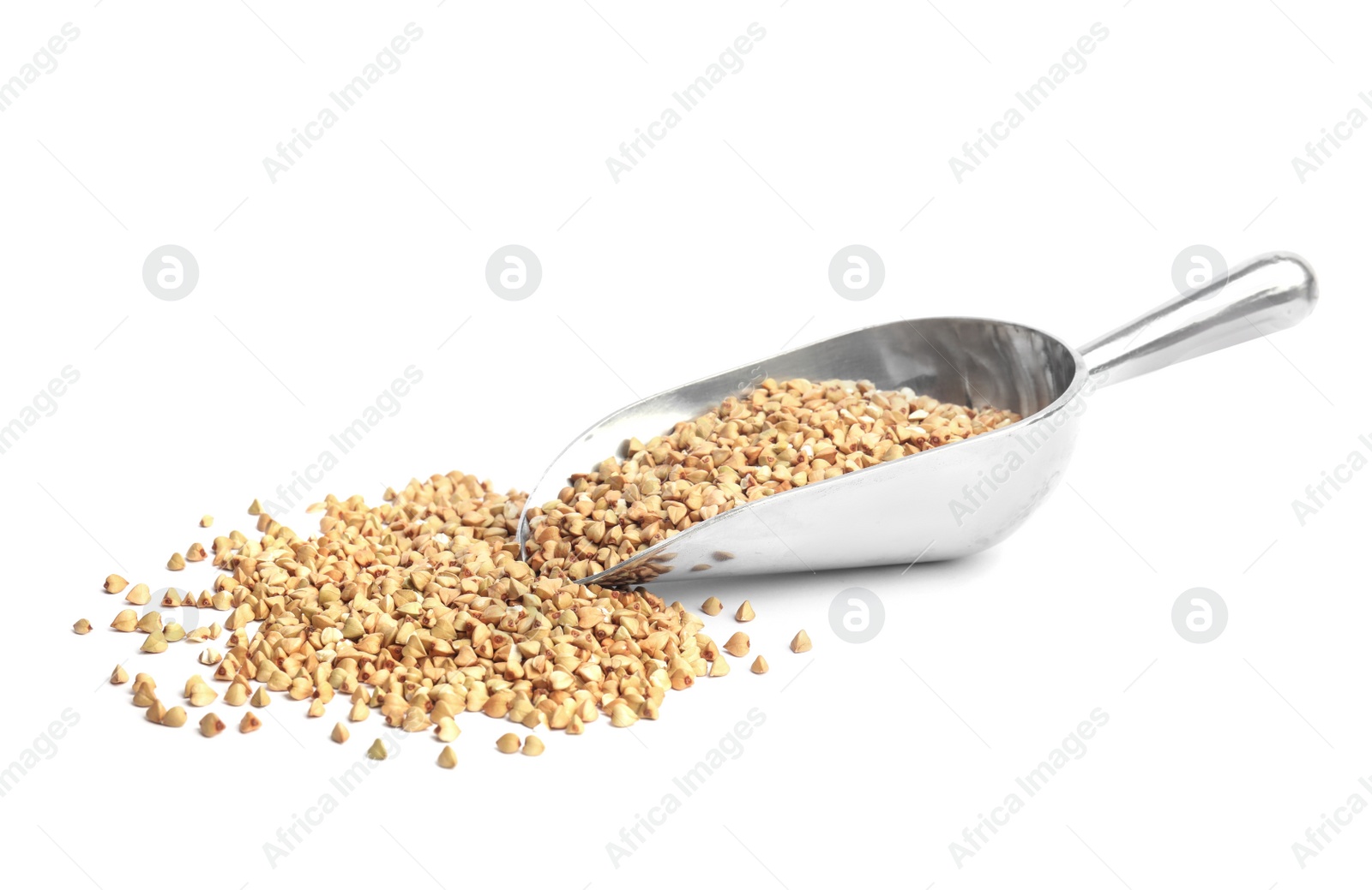 Photo of Scoop with green buckwheat isolated on white