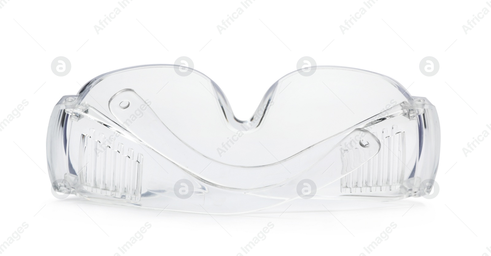 Photo of Protective goggles on white background. Construction tool