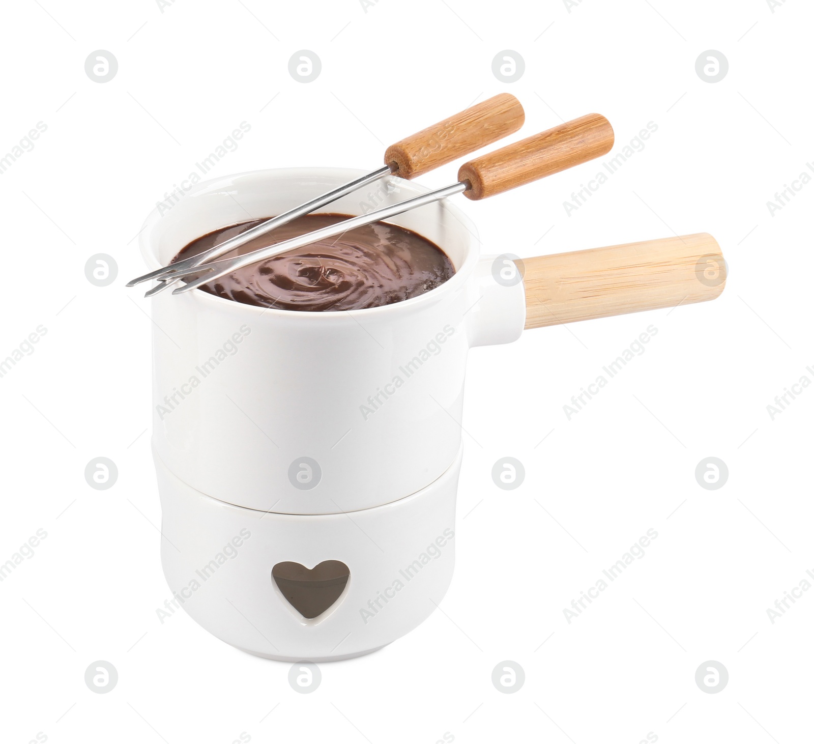 Photo of Fondue pot with melted chocolate and forks isolated on white