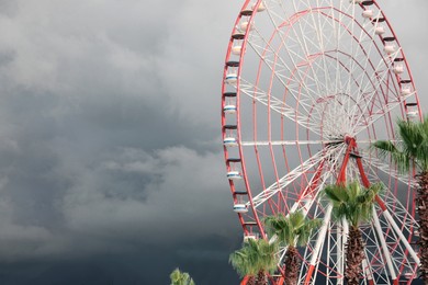 Photo of Beautiful large Ferris wheel and palms against heavy rainy sky outdoors. Space for text