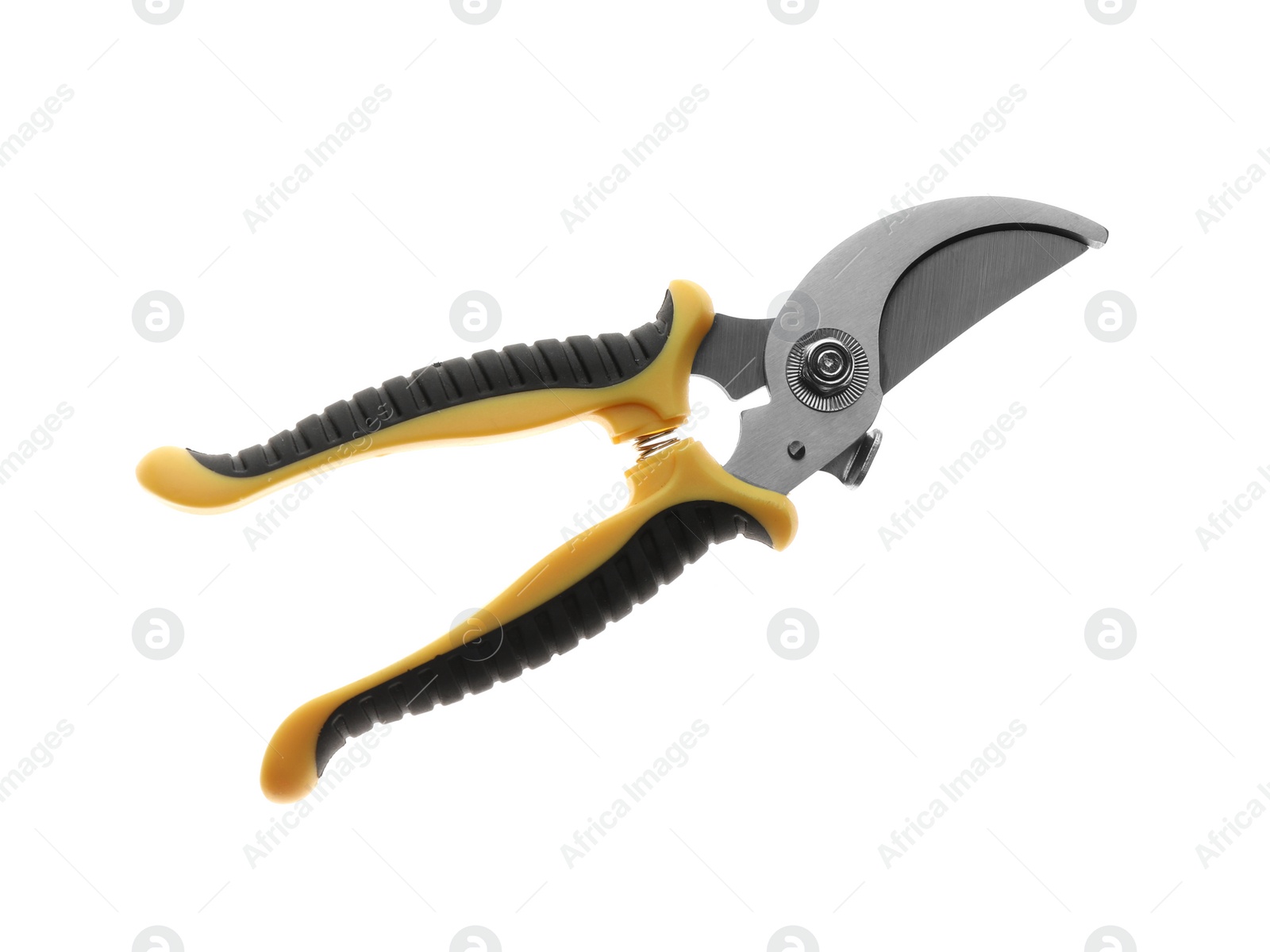 Photo of Pruning shears isolated on white, top view. Gardening tool