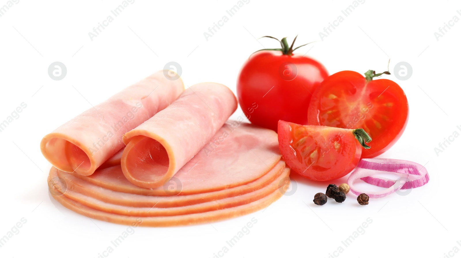 Photo of Slices of tasty fresh ham, vegetables and pepper isolated on white