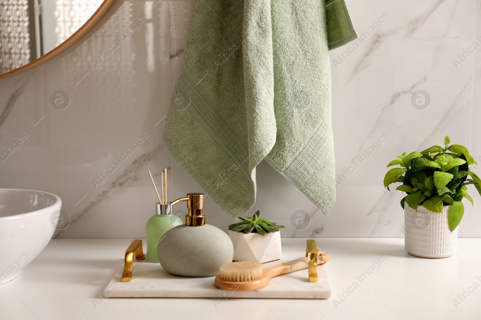 Photo of Air reed freshener, toiletries and plant near vessel sink in bathroom