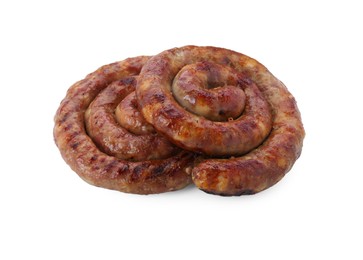 Photo of Rings of delicious homemade sausage isolated on white