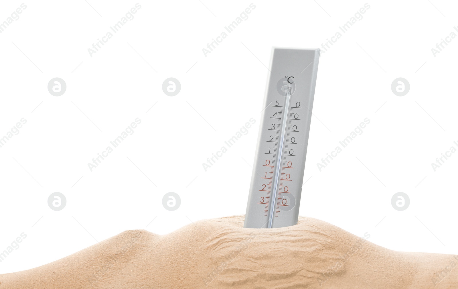 Photo of Weather thermometer in sand against white background