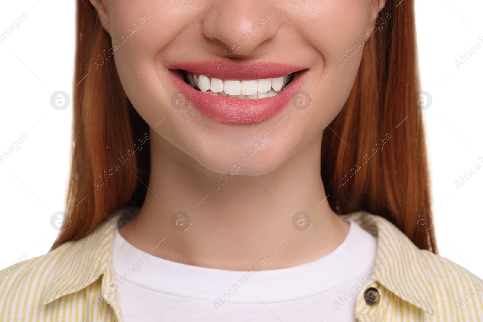 Photo of Woman with clean teeth smiling on white background, closeup